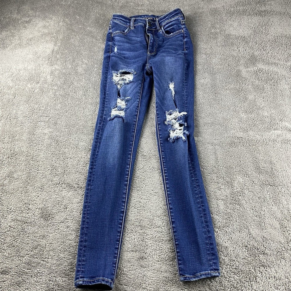 American Eagle Super Stretch High Rise Jegging Womens 0‎ Regular Blue Distressed